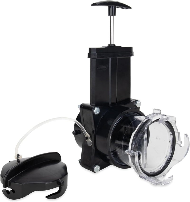 Camco Camper & RV Gate Valve with Built-in Clear Adapter - Ready-to-Use RV Sewer Valve - Features 3.5-Inch Long Clear Adapter, 4 Bayonet Prongs - Fits 3-inch Sewer Fittings (39053) - Image 1