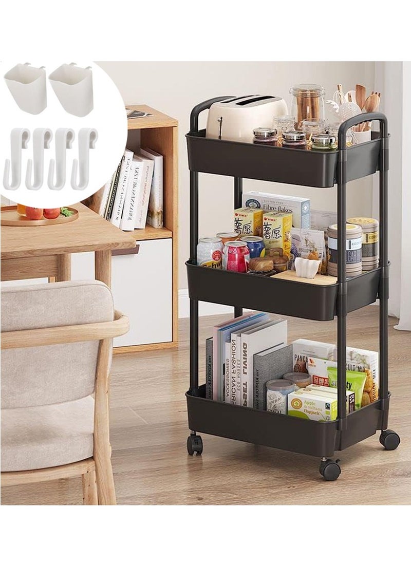 General - 3-Tier Rolling Utility Cart with Wheels Detachable Utility Storage Cart Rack with Handle and Lockable Casters Multi-Functional Storage Trolley for Office Kitchen Bathroom (Black 3-Tier) - Image 1