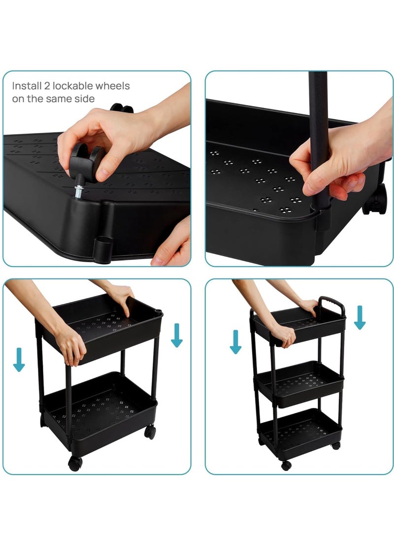 General - 3-Tier Rolling Utility Cart with Wheels Detachable Utility Storage Cart Rack with Handle and Lockable Casters Multi-Functional Storage Trolley for Office Kitchen Bathroom (Black 3-Tier) - Image 1