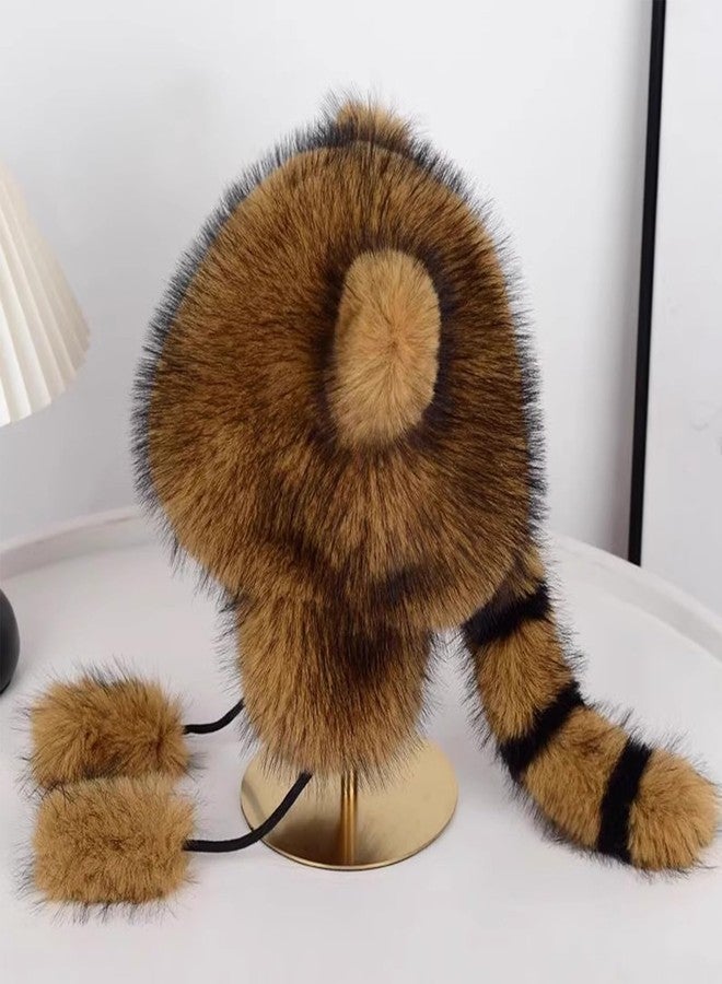 Cityelf Fluffy Raccoon Hat Thermal Plush Furry Raccoon Tail Hat Faux Fur Windproof Hooded Beanie Animal Themed Racoon Tail Costume Hat - Image 3