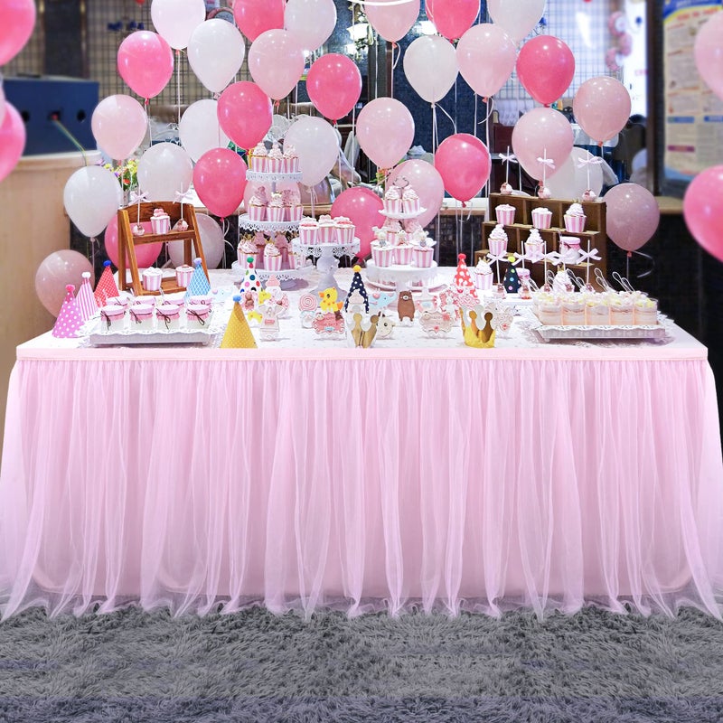 Suppromo 2 Pack 6ft Pink Tulle Table Skirts for Rectangle Tables or Round Tables Pink Tutu Tablecloth Cover for Princess Baby Shower Girls Birthday Party Wedding Cake Dessert Table Decorations - Image 2
