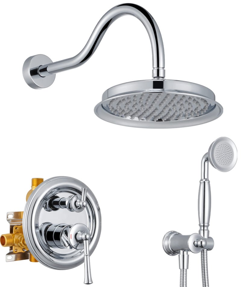 WINKEAR Rain Shower Head with Handheld Spray, Rainfall Shower System with Rough-in Valve, Shower Faucet Set with Pressure Balance Valve, 9 Inch Luxury Shower Trim Kit Wall Mount, Polished Chrome - Image 1