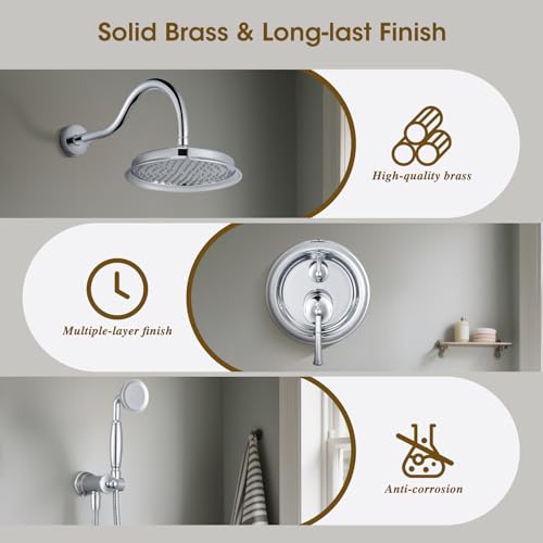 WINKEAR Rain Shower Head with Handheld Spray, Rainfall Shower System with Rough-in Valve, Shower Faucet Set with Pressure Balance Valve, 9 Inch Luxury Shower Trim Kit Wall Mount, Polished Chrome - Image 3