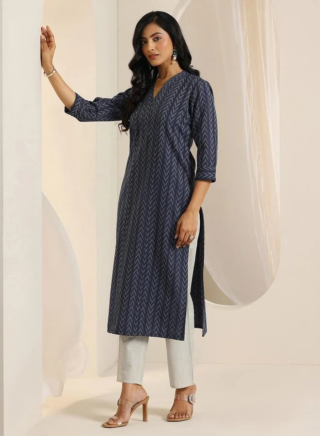 Libas Blue Self Design Cotton Blend Straight Kurta, Trousers and Dupatta Set