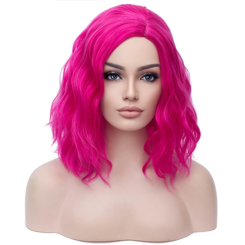 BERON Pink 14 Wigs for Women Girls Short Curly Bob Wavy Wig Hot Pink Color Body Wave Halloween Cosplay Daily Party Wigs