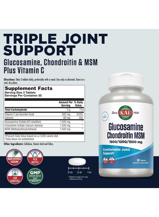 KAL KAL Glucosamine Chondroitin MSM, Joint Support Supplement for Women and Men, 1500mg Glucosamine Sulfate, 1200mg Chondroitin, 1500mg MSM, Rapid Disintegration, 60-Day Guarantee, 30 Servings, 90 Tablets - Image 2