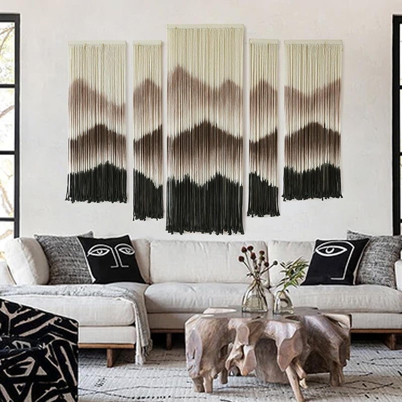 IOWER Large Macrame Wall Hanging Mountain Handmade Brown Dip-Dyed Boho Wall Decor 5Pcs Art Wall Decor for Bedroom Living Room Fiber Art Tapestry - Image 2