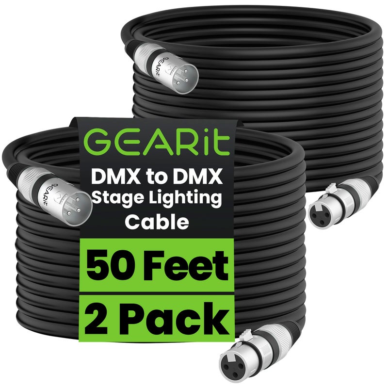 GearIT DMX Stage Lighting Cable (50 Feet, 2-Pack) - DMX Male to Female (XLR Compatible) 3-Pin Balanced Shielded for DJ LED Moving Head Par Light, Mic Mixer, Recording Studio, Podcast - 50ft - Image 1