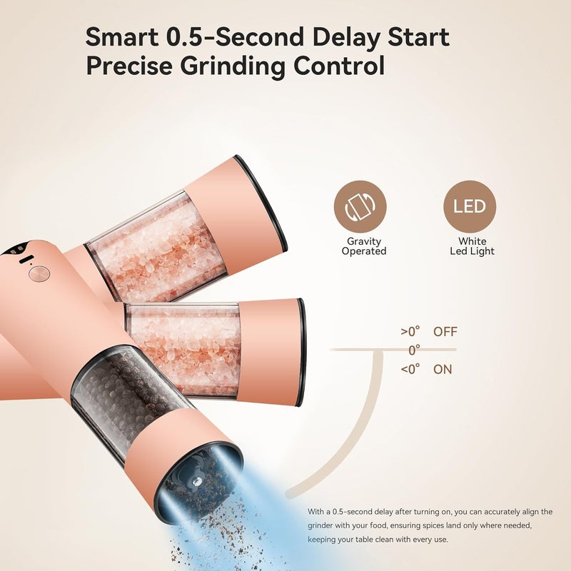 CULINARY FUN Gravity Electric Salt and Pepper Grinder Set with USB-C Charging Base,Rechargeable Automatic Stainless Steel Pepper Mill Grinder with LED Light, 2pack+Peach Orange (Peach Orange) - Image 3