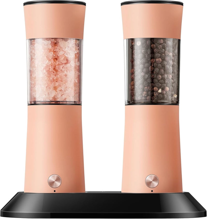 CULINARY FUN Gravity Electric Salt and Pepper Grinder Set with USB-C Charging Base,Rechargeable Automatic Stainless Steel Pepper Mill Grinder with LED Light, 2pack+Peach Orange (Peach Orange) - Image 1