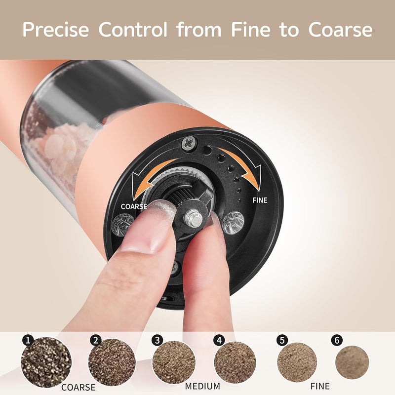 CULINARY FUN Gravity Electric Salt and Pepper Grinder Set with USB-C Charging Base,Rechargeable Automatic Stainless Steel Pepper Mill Grinder with LED Light, 2pack+Peach Orange (Peach Orange) - Image 4