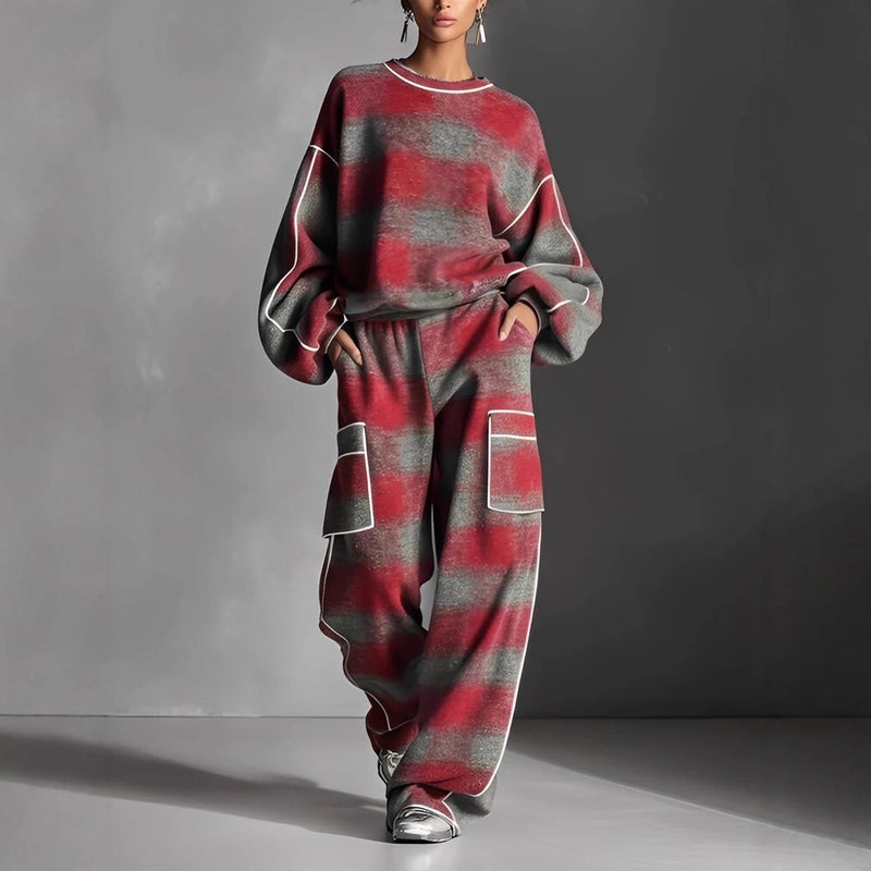 Women's Plaid Vintage Streetwear Contrast Trim Pants Set - Image 2