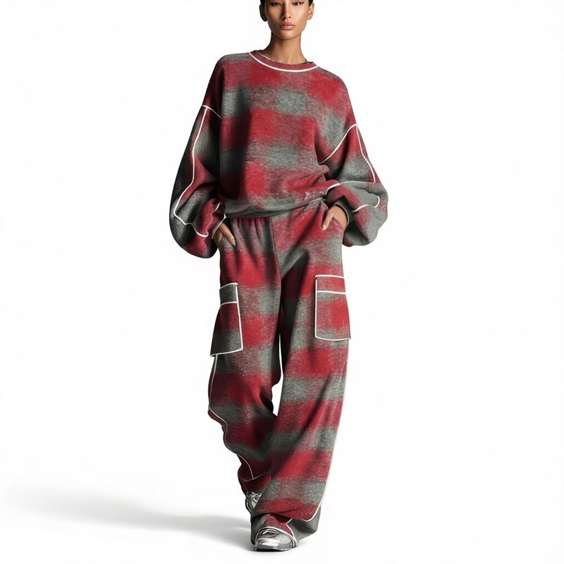 Women's Plaid Vintage Streetwear Contrast Trim Pants Set - Image 1