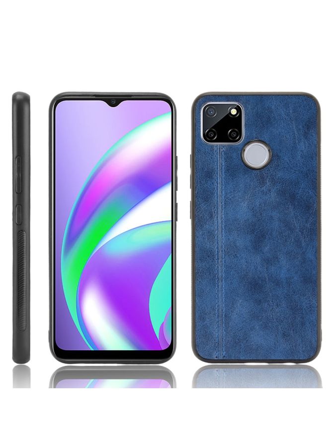 HuHa غطاء حقيبة لـ Realme C12 / C25 / 7i مضاد للصدمات بنمط جلد بقري خياطة مصنوعة من PC + PU + TPU لون أزرق