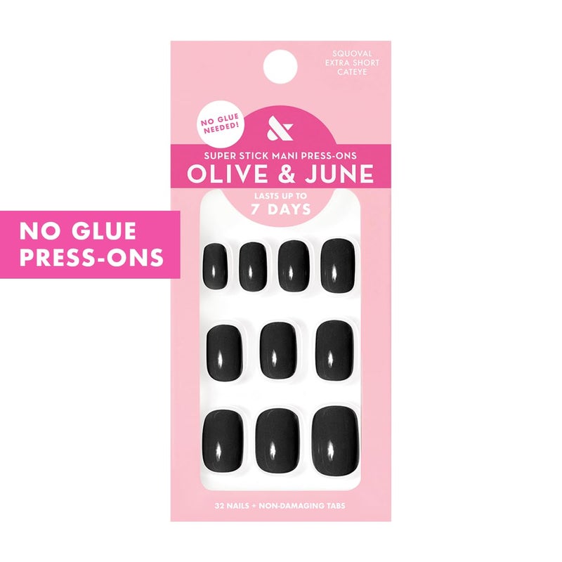 Olive & June Classic Super Stick Mani Press On Nails | No Glue Needed | 32 Tab Nails 16 Sizes | Non-Toxic Tabs Easy On-Off Non-Damaging Realist Look | 7-Day Wear | Extra Short, Squoval | Cateye Black - Image 2
