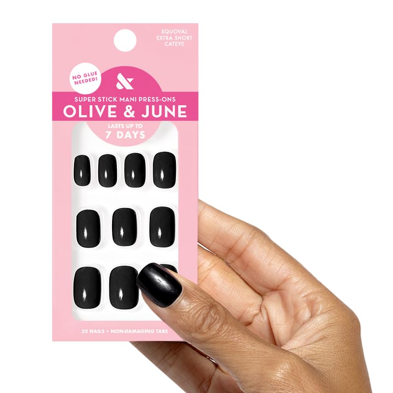 Olive & June Classic Super Stick Mani Press On Nails | No Glue Needed | 32 Tab Nails 16 Sizes | Non-Toxic Tabs Easy On-Off Non-Damaging Realist Look | 7-Day Wear | Extra Short, Squoval | Cateye Black - Image 1