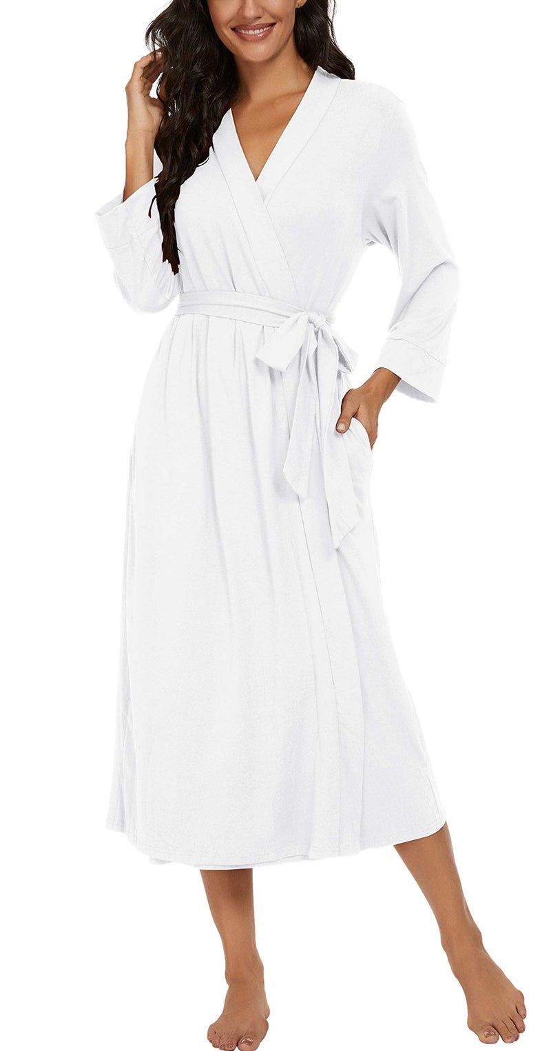 VINTATRE VINTATRE Women Kimono Robes Long Knit Bathrobe Lightweight Soft Knit Sleepwear V-neck Casual Ladies Loungewear White-X-Large  - Image 3