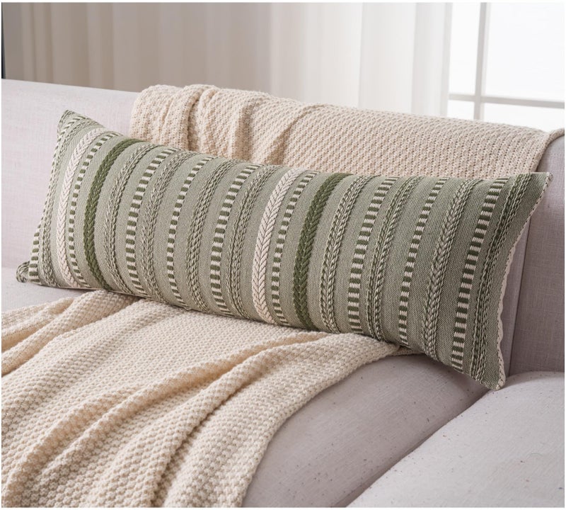 Cethom Boho Lumbar Pillow Covers 14x36 Long, Farmhouse Decorative Couch Pillow Cases, Green Accent Pillows of Bed, Sofa Bedroom Living Room Home Decor Cushion Cover, Pack of 1 - Image 1