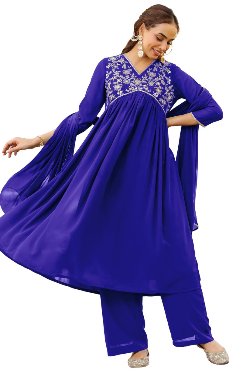 Janasya Women's Royal Blue Georgette Zari Yoke Embroidered A-line Kurta with Palazzo & Dupatta Set(JAB25ST02543-L) - Image 1