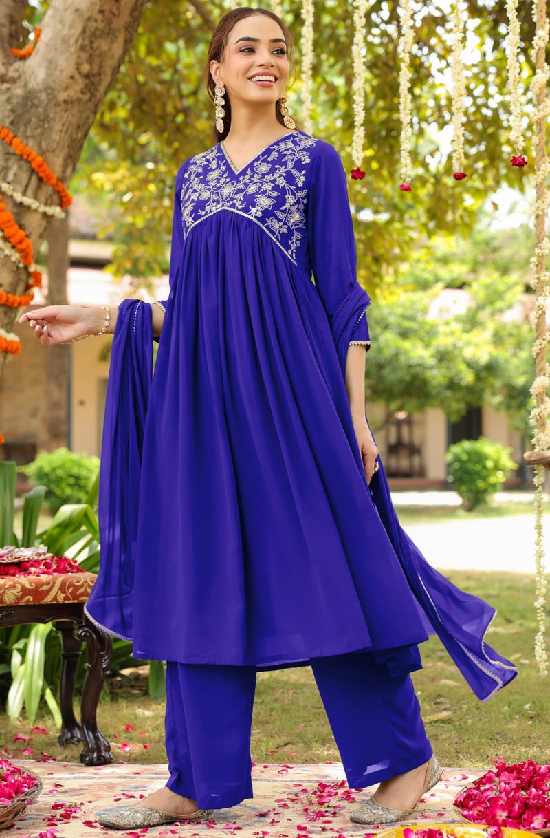 Janasya Women's Royal Blue Georgette Zari Yoke Embroidered A-line Kurta with Palazzo & Dupatta Set(JAB25ST02543-L) - Image 5