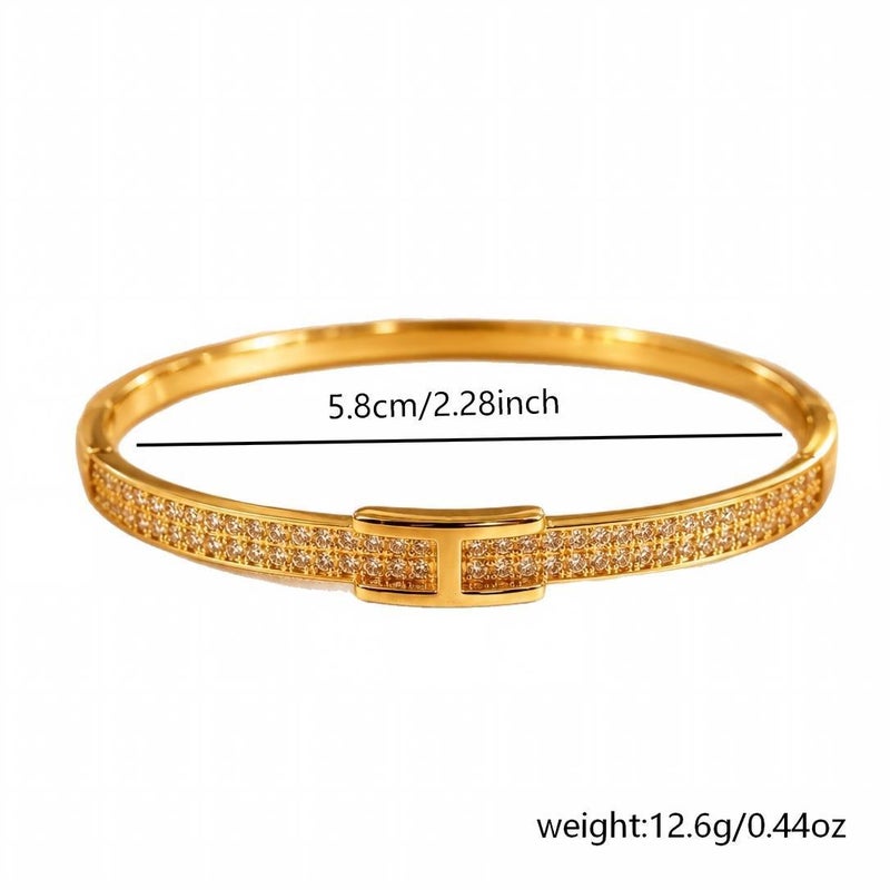 Long Ji Light Luxury H‑Shaped Buckle Bangle Bracelet for Women, Copper Gold Plated, Double‑Row Paved Cubic Zirconia, Minimalist Elegant Wrist Jewelry, Versatile Daily & Party Wear Accessory - Gold - Image 4