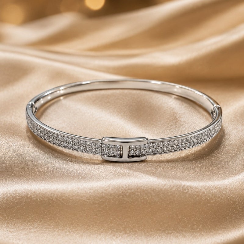 Long Ji Light Luxury H‑Shaped Buckle Bangle Bracelet for Women, Copper Gold Plated, Double‑Row Paved Cubic Zirconia, Minimalist Elegant Wrist Jewelry, Versatile Daily & Party Wear Accessory - Gold - Image 3