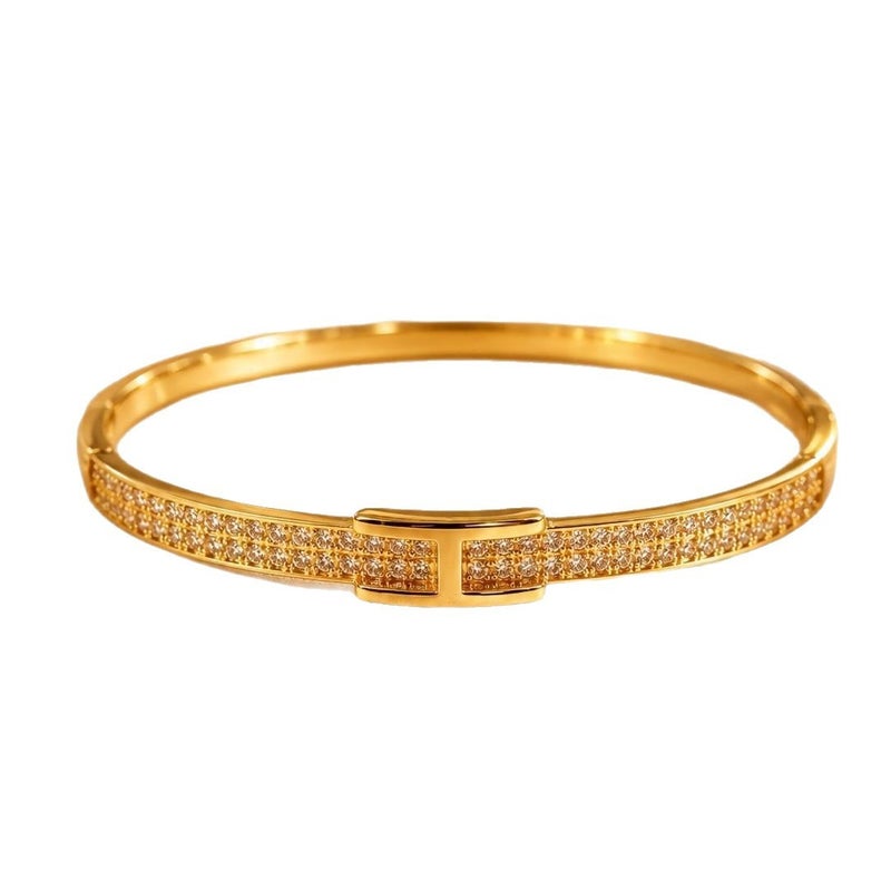 Long Ji Light Luxury H‑Shaped Buckle Bangle Bracelet for Women, Copper Gold Plated, Double‑Row Paved Cubic Zirconia, Minimalist Elegant Wrist Jewelry, Versatile Daily & Party Wear Accessory - Gold - Image 5