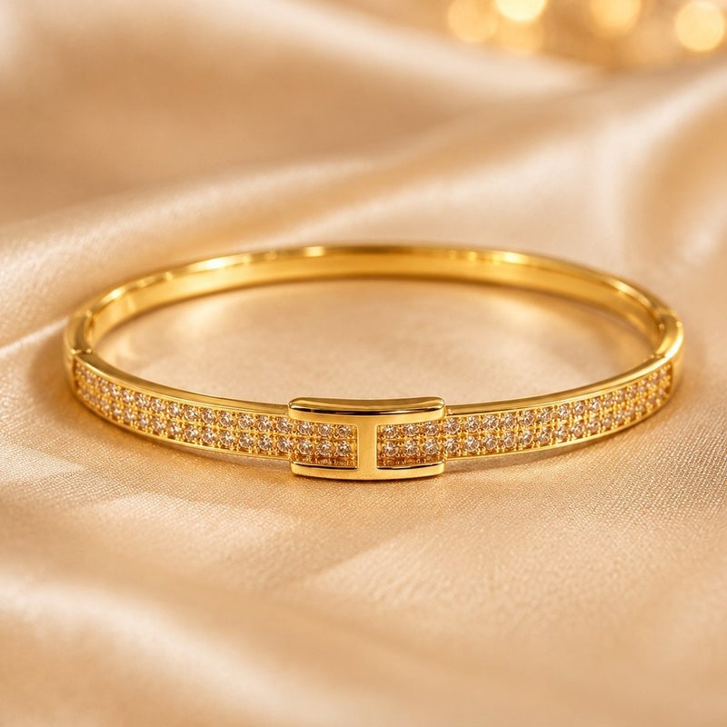 Long Ji Light Luxury H‑Shaped Buckle Bangle Bracelet for Women, Copper Gold Plated, Double‑Row Paved Cubic Zirconia, Minimalist Elegant Wrist Jewelry, Versatile Daily & Party Wear Accessory - Gold - Image 1