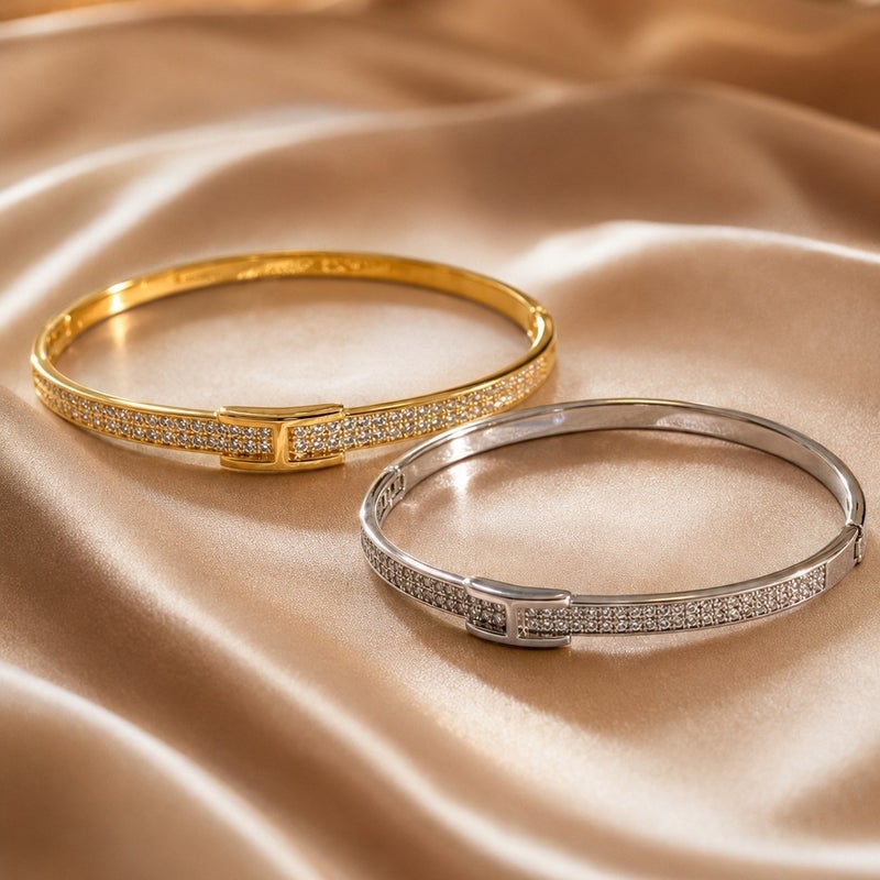 Long Ji Light Luxury H‑Shaped Buckle Bangle Bracelet for Women, Copper Gold Plated, Double‑Row Paved Cubic Zirconia, Minimalist Elegant Wrist Jewelry, Versatile Daily & Party Wear Accessory - Gold - Image 2