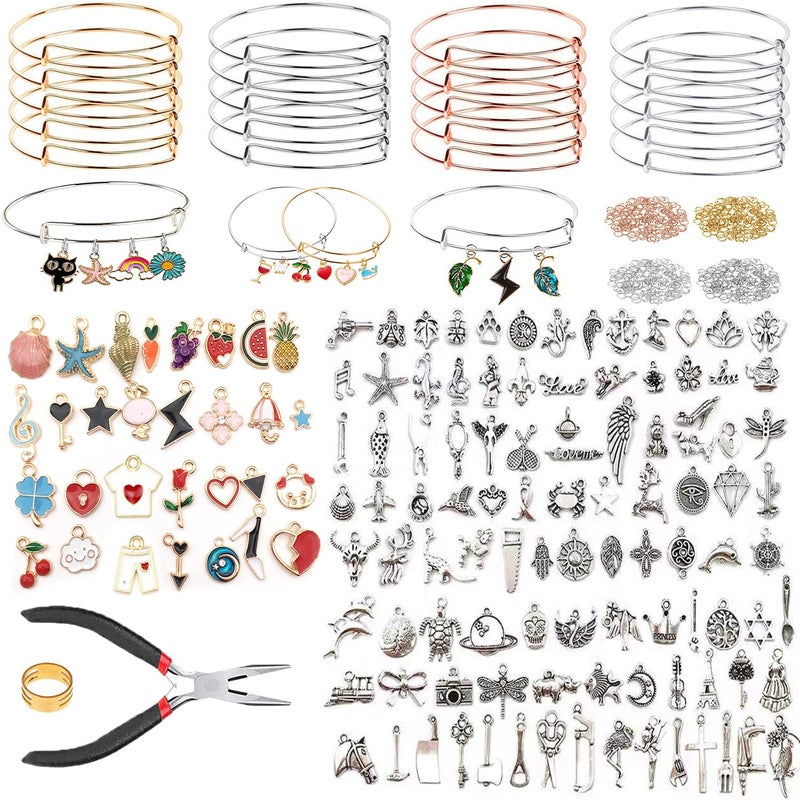 Phinicco Bangle Bracelets Making Kit 317 Pcs Charm Bracelet Making Kit with Expandable Bangles Colorful Charms Jump Rings and Pliers for for DIY Jewelry Crafting