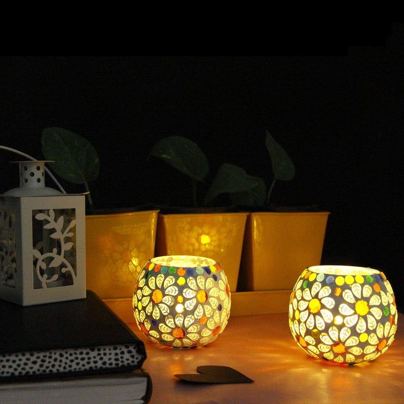KINORA KINORA Glass Decorative Handcrafted Mosaic Design Fancy TLightCandle Holder for Living Room Table Home Decor Indoor Outdoor Decorations Set of 2  - Image 1