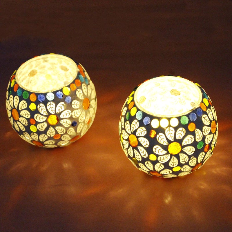 KINORA KINORA Glass Decorative Handcrafted Mosaic Design Fancy TLightCandle Holder for Living Room Table Home Decor Indoor Outdoor Decorations Set of 2  - Image 2