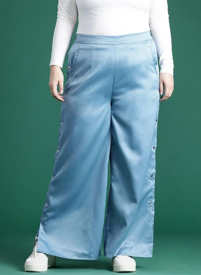 Dressberry Chic Blue Plus Size Satin Wide-Leg Trousers with Button Detail