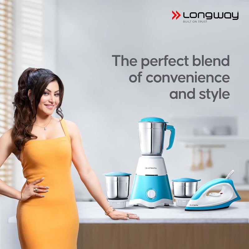 Longway Super Dlx 700 W Mixer Grinder with 3 Jars (Powerful Motor with 1 Year warranty White & Blue) & Kwid 750 W Dry Iron (White & Blue) - Image 2