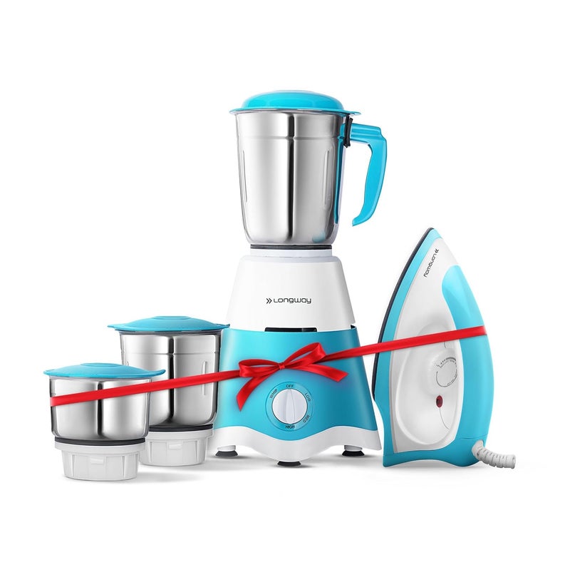 Longway Super Dlx 700 W Mixer Grinder with 3 Jars (Powerful Motor with 1 Year warranty White & Blue) & Kwid 750 W Dry Iron (White & Blue) - Image 1