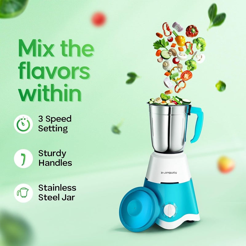 Longway Super Dlx 700 W Mixer Grinder with 3 Jars (Powerful Motor with 1 Year warranty White & Blue) & Kwid 750 W Dry Iron (White & Blue) - Image 3