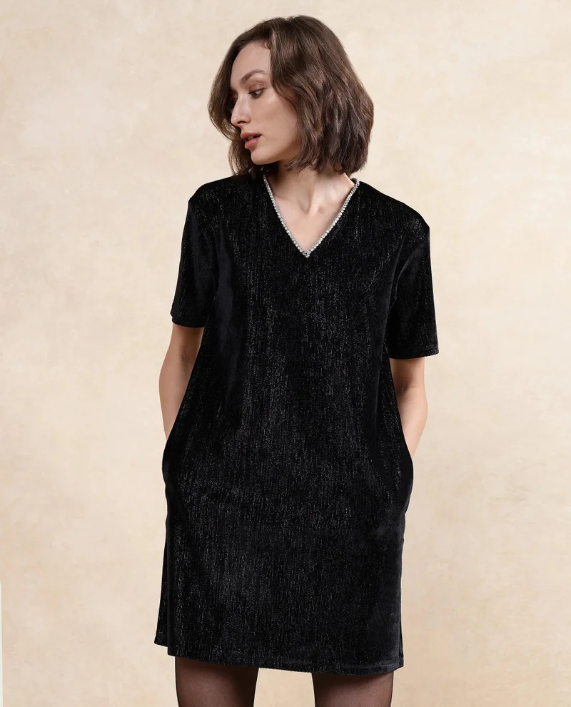 Rareism Women's Boxy V Neck Velvet Dress