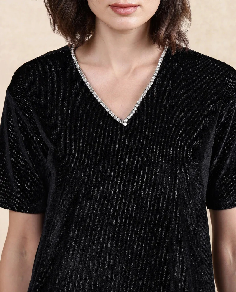 Rareism Women's Boxy V Neck Velvet Dress