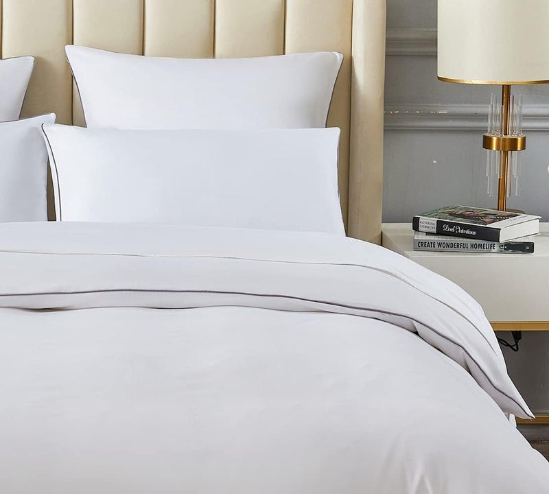 DAUAOTO Full/Queen Bedding Set Microfiber - 1 Duvet Cover + 2 Pillow Shams, White with Decorative Grey Piping - Image 2