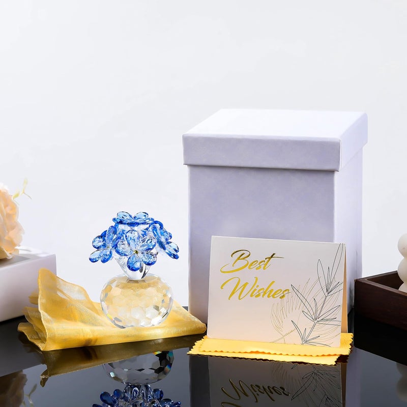 Qianwei تمثال زهور كريستالية زرقاء اللون من علامة Qianwei – هدايا من نوع “Forget Me Not”， تحف مجمعة على شكل زهور زجاجية تعبر عن التعازي، تُستخدم كأوزان وزينة للمكاتب وطاولات المنزل أو المكاتب العمل. - Image 5