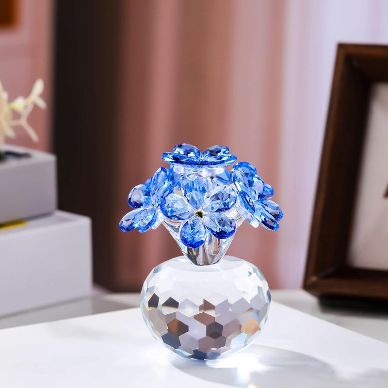 Qianwei تمثال زهور كريستالية زرقاء اللون من علامة Qianwei – هدايا من نوع “Forget Me Not”， تحف مجمعة على شكل زهور زجاجية تعبر عن التعازي، تُستخدم كأوزان وزينة للمكاتب وطاولات المنزل أو المكاتب العمل. - Image 3