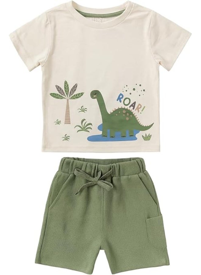 Smarties AE Dinosaur Print T-Shirt and Shorts Set for Boys | 4-5 Years 100% Cotton Cream Top with Green Ribbed Bottoms | Casual ROAR Design Outfit - Image 3