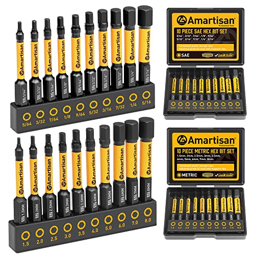 Amartisan 20-Piece Hex Head Allen Wrench Drill Bit Set, Metric and SAE S2 Steel Hex Bits Set, Magnetic Tips, 2.3" Long with Storage Box. (20-Piece Hex Bit Set - New) - Image 1