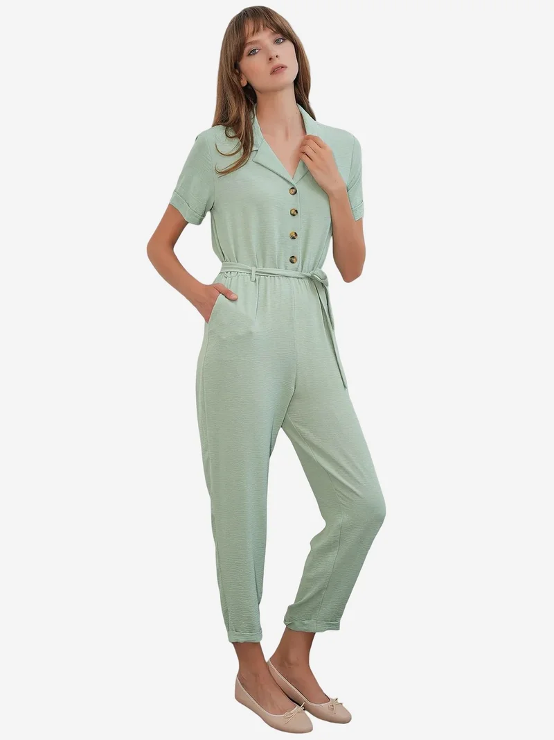 BDART Solid Woven Shirt-collar Jumpsuit With Bow Detail