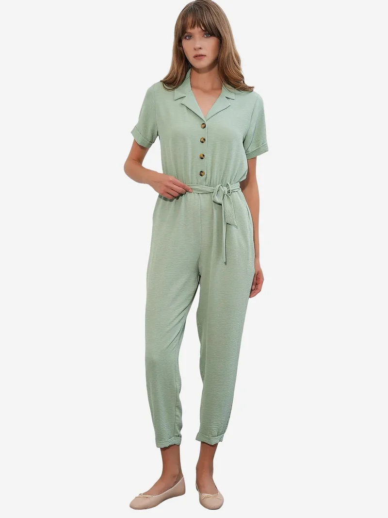 Big Dart  BDART Solid Woven Shirt-collar Jumpsuit With Bow Detail for Women | Best Price UAE