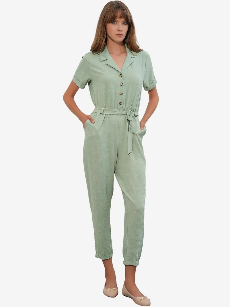 Big Dart  BDART Solid Woven Shirt-collar Jumpsuit With Bow Detail for Women | Best Price UAE