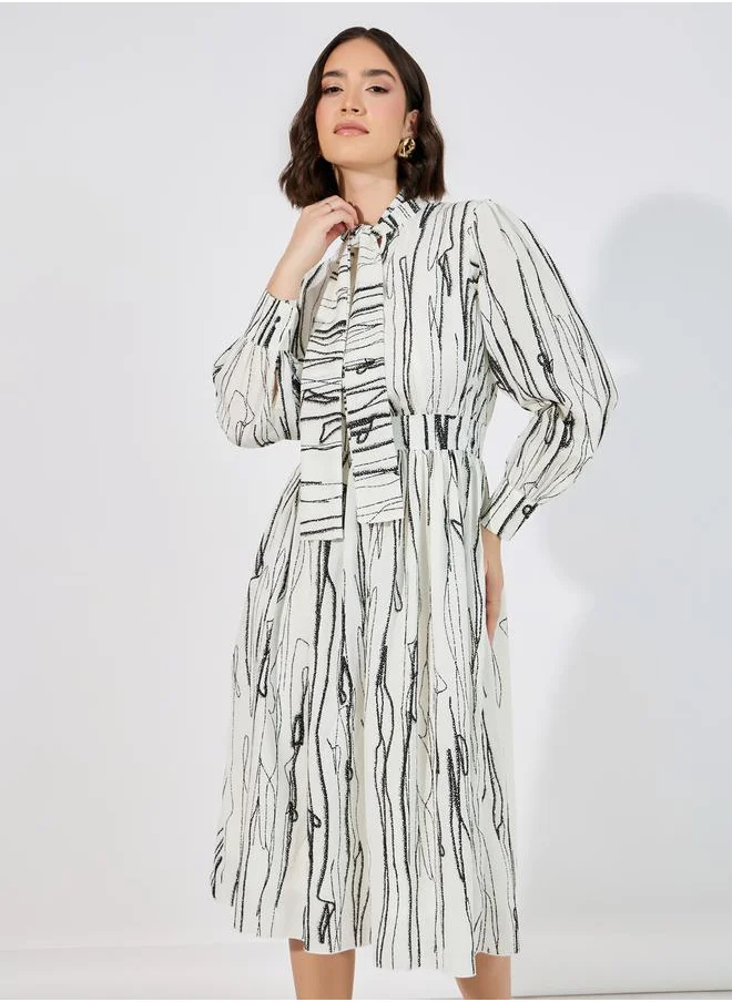 Styli Abstract Print Tie Up Neck A-Line Midi Dress