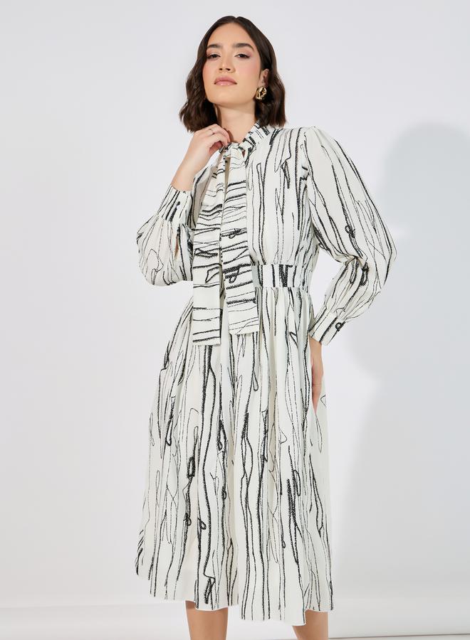 Styli Abstract Print Tie Up Neck A-Line Midi Dress - Image 2