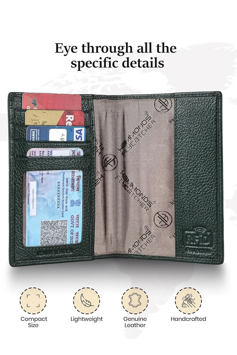 Hammonds Flycatcher  Leather Passport Cover, Passport Holder for Men and Women - Travel Accessories Document Organizer, RFID Protected Passport Wallet with Card Slots for Trips - Green | XVN2  | Best Price UAE