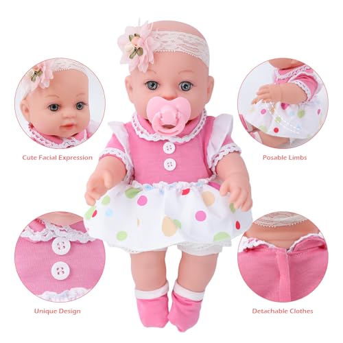 DONTNO 12 Inch Baby Doll with Bassinet Bed,Reborn Alive Doll Includes Clothes and Accessories,Bottles,Nipple,Diaper,Burp Cloth,First Baby Dolls for Toddlers 36 Months and Up - Image 4